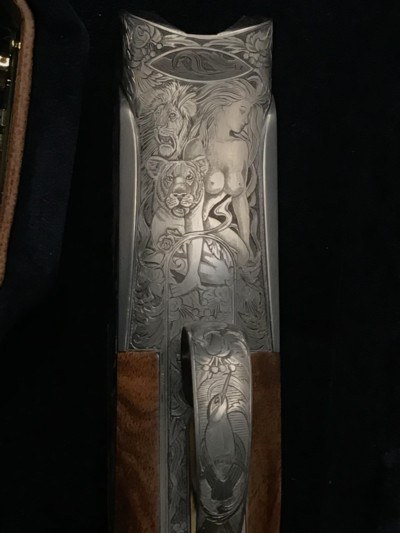 Perazzi MX8 Sideplate, “Dianna Goddess of the Hunt” engraved and signed by Davido Volpe, 32”. Trades Welcome