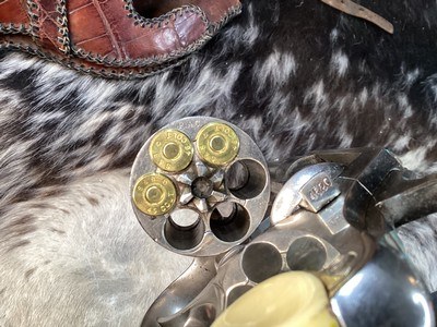 Colt 1909 New Service US Army DA Revolver, .45 Colt , Nickle , Ivory Grips, Period Western Holster,Gorgeous. Trades Welcome - Image 16 of 24