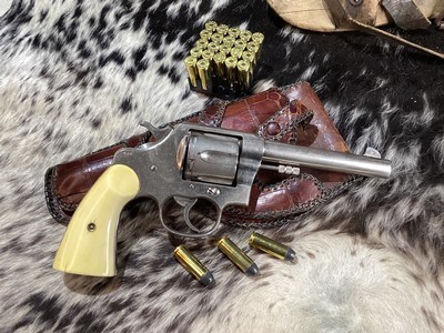Colt 1909 New Service US Army DA Revolver, .45 Colt , Nickle , Ivory Grips, Period Western Holster,Gorgeous. Trades Welcome - Image 2 of 24