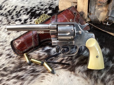 Colt 1909 New Service US Army DA Revolver, .45 Colt , Nickle , Ivory Grips, Period Western Holster,Gorgeous. Trades Welcome - Image 1 of 24