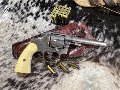 Colt 1909 New Service US Army DA Revolver, .45 Colt , Nickle , Ivory Grips, Period Western Holster,Gorgeous. Trades Welcome - Image 9 of 24