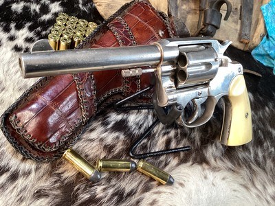 Colt 1909 New Service US Army DA Revolver, .45 Colt , Nickle , Ivory Grips, Period Western Holster,Gorgeous. Trades Welcome - Image 8 of 24