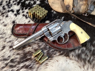 Colt 1909 New Service US Army DA Revolver, .45 Colt , Nickle , Ivory Grips, Period Western Holster,Gorgeous. Trades Welcome - Image 20 of 24