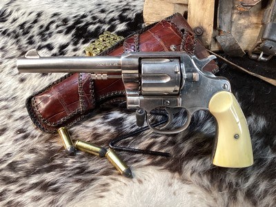 Colt 1909 New Service US Army DA Revolver, .45 Colt , Nickle , Ivory Grips, Period Western Holster,Gorgeous. Trades Welcome - Image 11 of 24