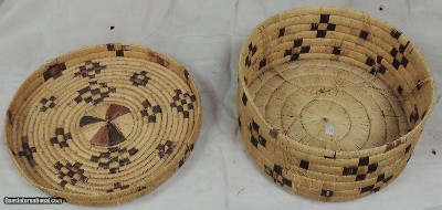 Antique Tohono O'odham Papago Indian Large Hanging Basket & Lid w/ Coyote Tracks