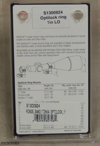 SAKO OptiLock Blued 1" Low Scope Mount Rings NIB #S1300924 - Image 2 of 2
