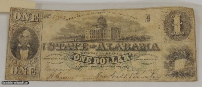 STATE OF ALABAMA 1863 One Dollar Note / Confederate Currency / Money
